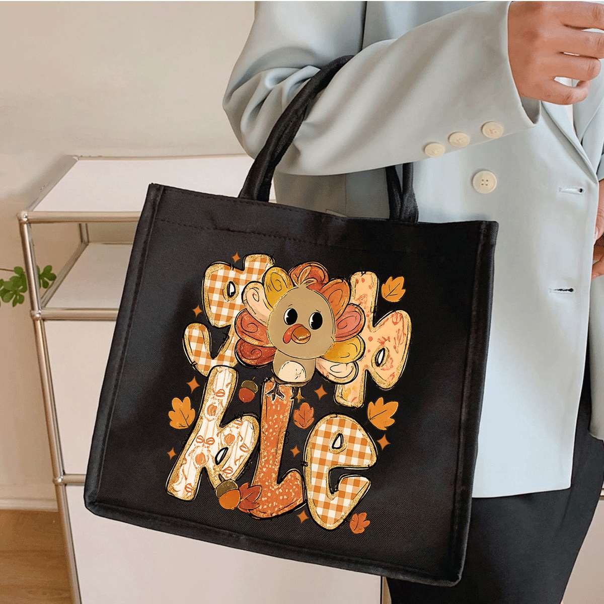 Women's Thanksgiving Turkey Tote Bag - Cute Turkey & Pumpkin Patch Design with "Thankful" Lettering, Lightweight Foldable Purse for, Work, Fall Events, ic Closure, Gift for Teachers, Students (Black, Golden/Brown Checkered - Image 5