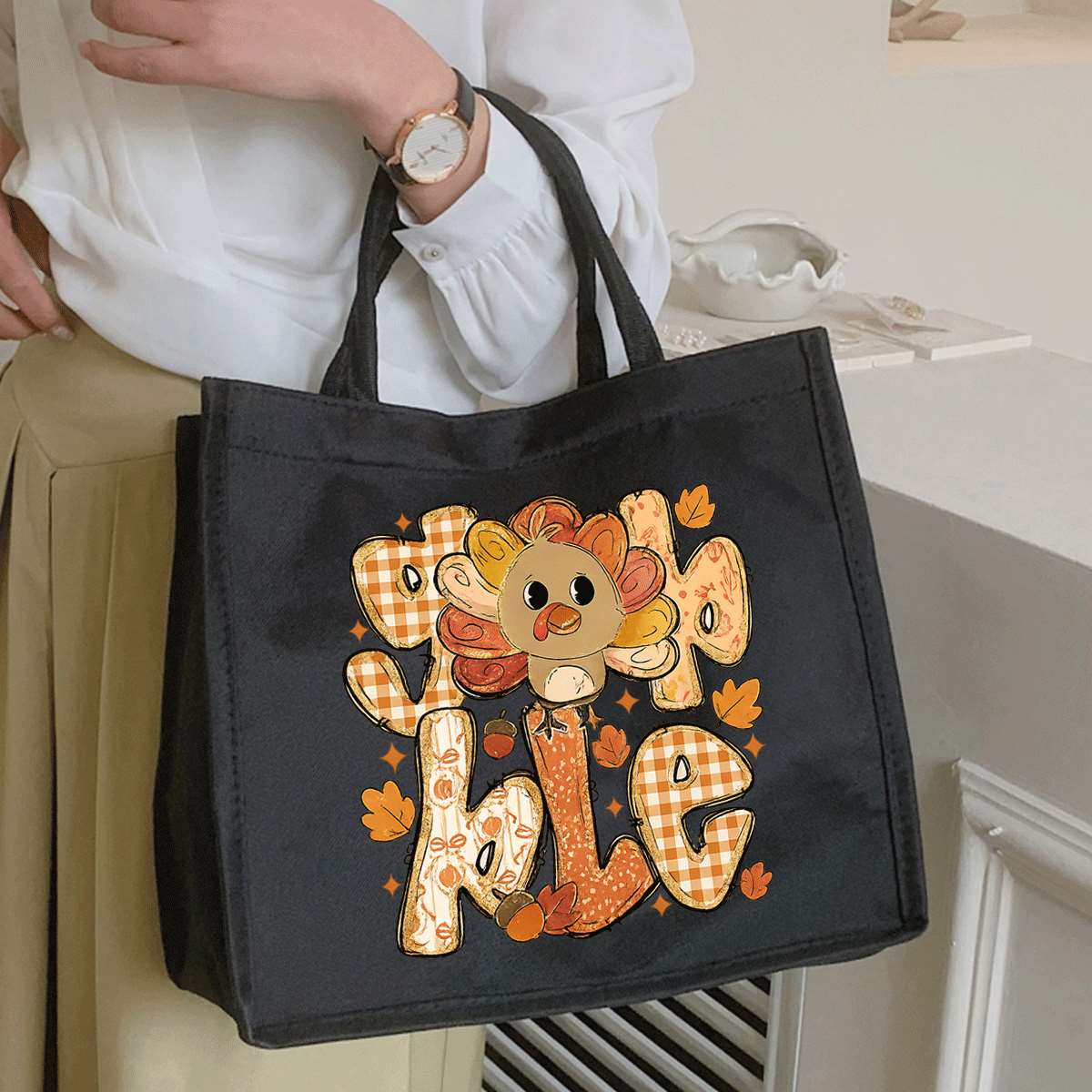 Women's Thanksgiving Turkey Tote Bag - Cute Turkey & Pumpkin Patch Design with "Thankful" Lettering, Lightweight Foldable Purse for, Work, Fall Events, ic Closure, Gift for Teachers, Students (Black, Golden/Brown Checkered - Image 2