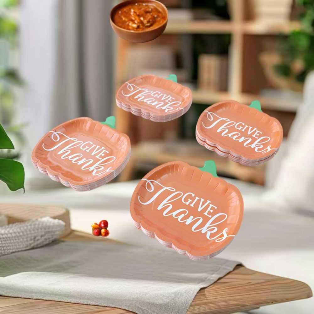 25pcs Pumpkin Plates - Thanksgiving Dinner Party Tableware with Pumpkin Shape, "Thanksgiving" Text - Heavy Duty Disposable Plates for Harvest Decorations, Pumpkin Pie - Food Safe Paper Plates (25 Count) - Easy Cleanup for Family Gatherings & Autumn Events - Image 5