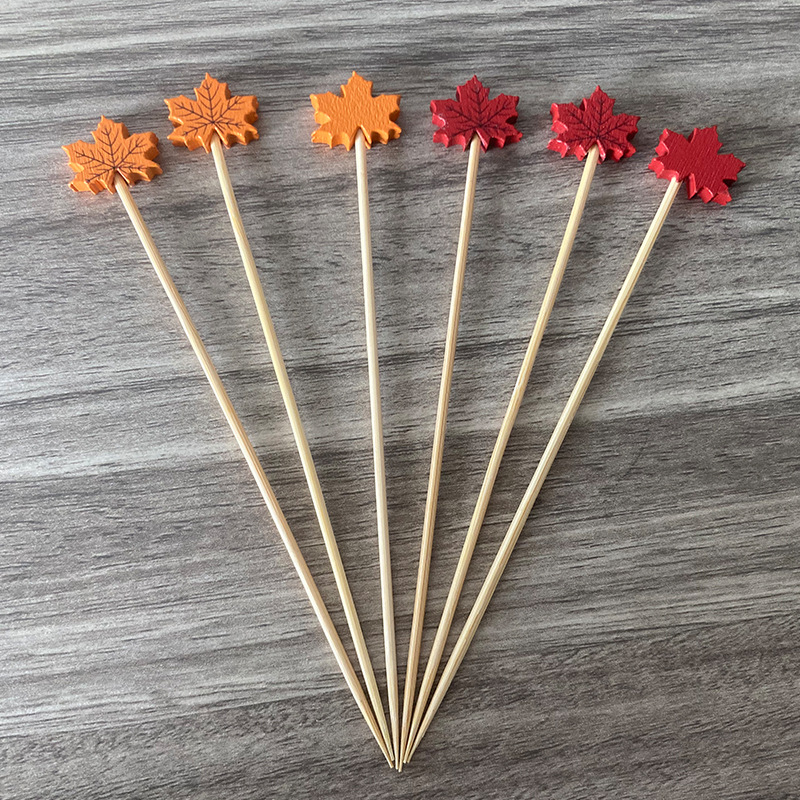 50pcs Disposable Bamboo Fruit Picks - Autumn Maple Leaf & Pumpkin-Shaped Skewers with Pointed Tips, Cartoon Style Serving Utensils for Parties, Thanksgiving, Halloween, Fall Events - Kitchen & Dining Accessories (Bulk Pack, Durable & Safe for Serving Fruits, Cheese, Desserts), Fruit Forks, Fruit Forks for Party, Toothpick For Appetizer, Toothpick For Dessert, Cocktail Stick For Appetizer, Cocktail Decoration, Charcuterie Supplie, Skewer Stick, Food Pick, Small Umbrella For Drink - Image 2