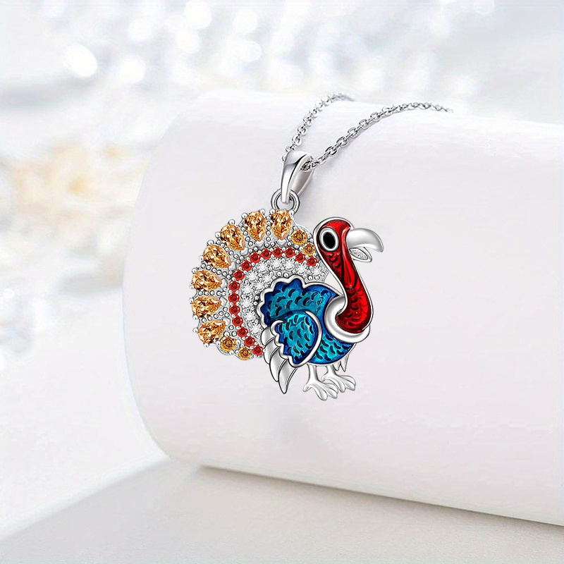 1pc Elegant Turkey Pendant Necklace with Blue & Red Feathers, Golden Eyes & Orange Beak - -Accented White Chain Jewelry for Thanksgiving, Christmas, Halloween, Birthday & Anniversary Gifts - Durable Casual Attire for &, for Teenager - Image 2