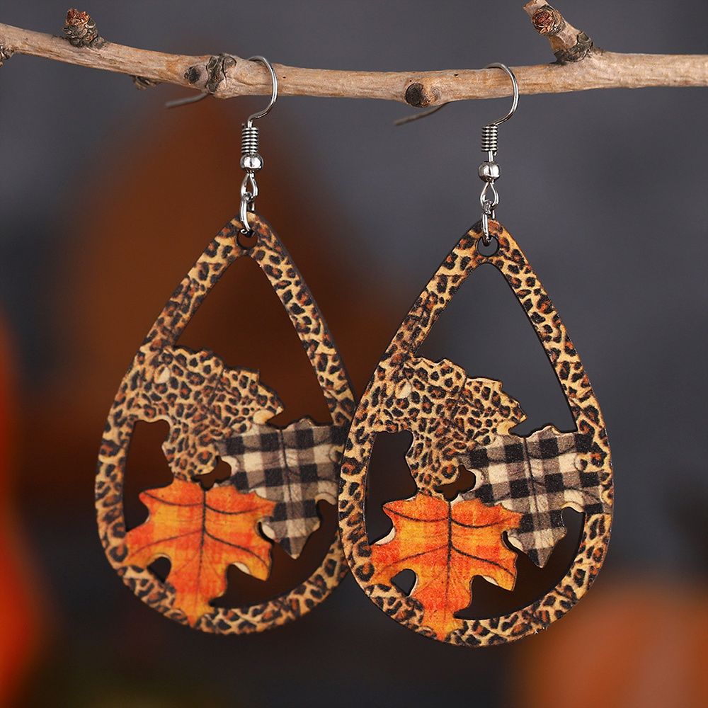9 Pairs, Vintage Thanksgiving Earrings Set for Women - Pumpkin Coffee Leopard Maple Sunflower Thankful Wooden Double-sided Dangle Earrings - Autumn-Inspired Accessory for Rustic Fall Harvest Celebration, Thanksgiving Party & Daily Wear, Ideal Gift - Image 7