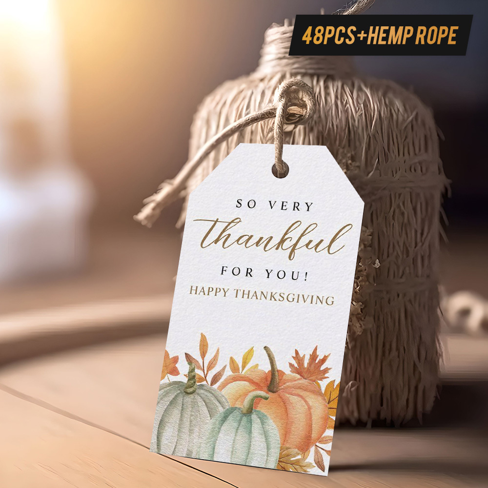48pcs "Happy Thanksgiving" Gift Tags with Hemp Rope, Displaying Pumpkins and Autumn Leaves, Watercolor Design, Perfect for Thanksgiving Presents, Fall Gatherings, Table Decor, etc., Expressing Gratefulness - Image 7