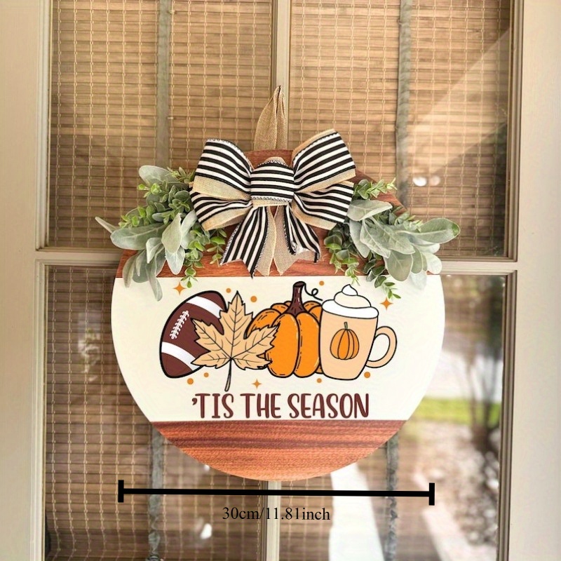Farmhouse Style Wooden Door Wreath - Rustic Fall & Football Season Decor with "Tis The Season" Lettering, Brown & Golden Leaf Design, Pine Cones & Bow Accent - Easy-Hang Front Door Decoration for Thanksgiving, Halloween, Christmas - Durable Wood Material, Warm Brown Tones, Versatile Indoor/ Use, 2D Flat Design, Irregular Shape, Multi-Purpose Seasonal Decor for Porch or Home Entry, Farmhouse Rustic Decor, Home Decoration - Image 2