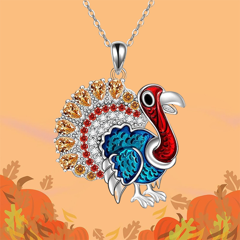 1pc Elegant Turkey Pendant Necklace with Blue & Red Feathers, Golden Eyes & Orange Beak - -Accented White Chain Jewelry for Thanksgiving, Christmas, Halloween, Birthday & Anniversary Gifts - Durable Casual Attire for &, for Teenager
