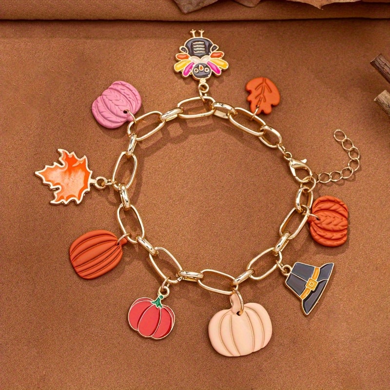 1pc Autumn Harvest Bracelet with Pumpkin, Turkey, Maple Leaf Charms - Golden-Tone Chain Jewelry in Orange, Red, Brown, Beige, Black - Thanksgiving Party, Everyday Fall Jewelry Gift for Women - Year-Round Elegant Accessory, Seasonal Fashion, Bohemian Style, Detailed Pendants, Holiday Pendant, Party Wear - Image 3