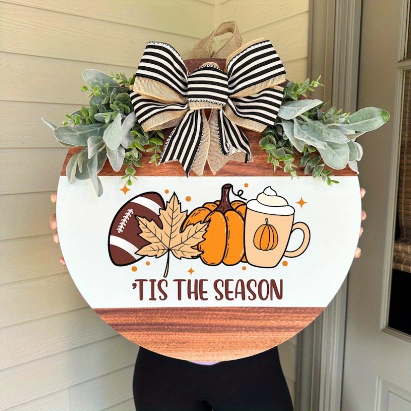 Farmhouse Style Wooden Door Wreath - Rustic Fall & Football Season Decor with "Tis The Season" Lettering, Brown & Golden Leaf Design, Pine Cones & Bow Accent - Easy-Hang Front Door Decoration for Thanksgiving, Halloween, Christmas - Durable Wood Material, Warm Brown Tones, Versatile Indoor/ Use, 2D Flat Design, Irregular Shape, Multi-Purpose Seasonal Decor for Porch or Home Entry, Farmhouse Rustic Decor, Home Decoration