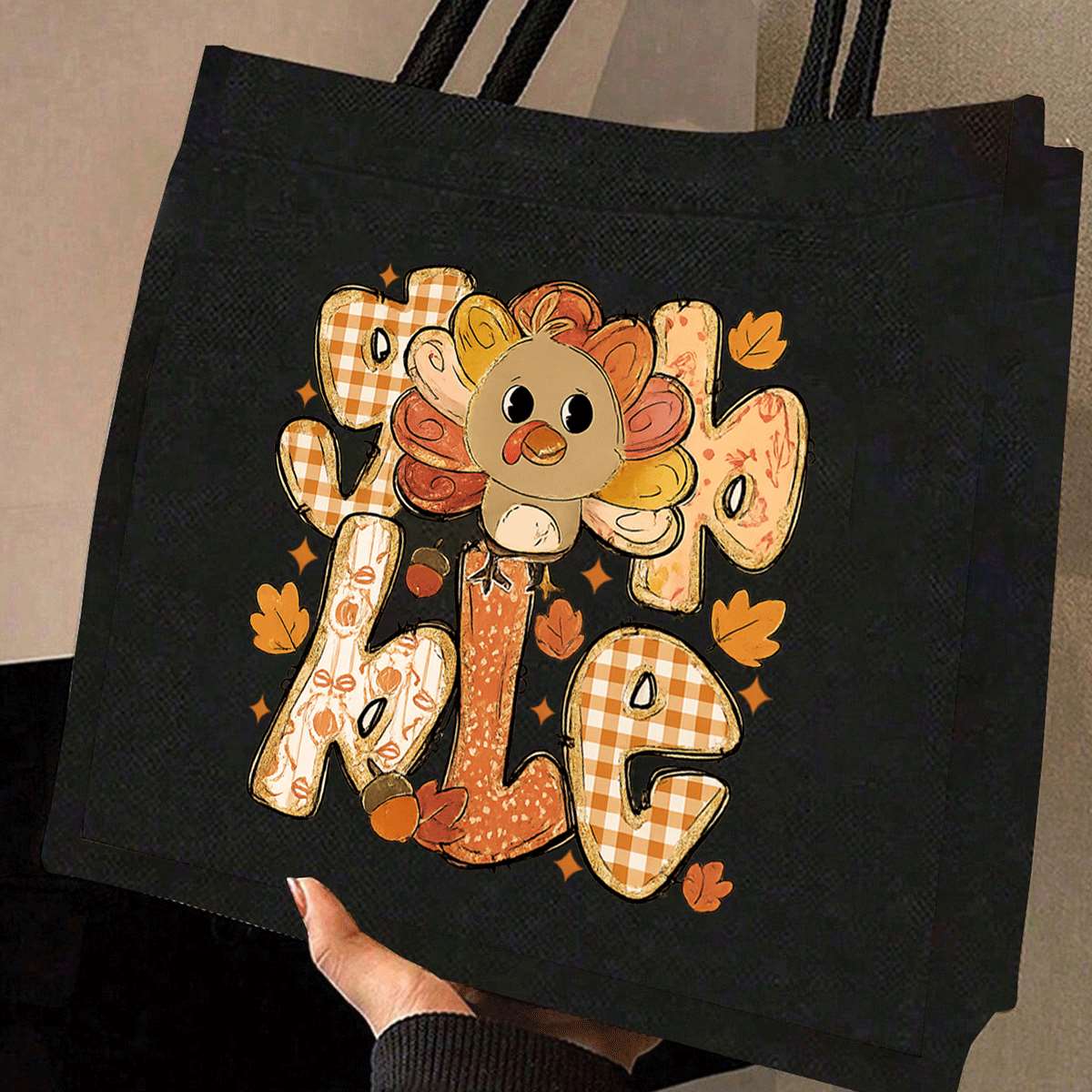 Women's Thanksgiving Turkey Tote Bag - Cute Turkey & Pumpkin Patch Design with "Thankful" Lettering, Lightweight Foldable Purse for, Work, Fall Events, ic Closure, Gift for Teachers, Students (Black, Golden/Brown Checkered - Image 6