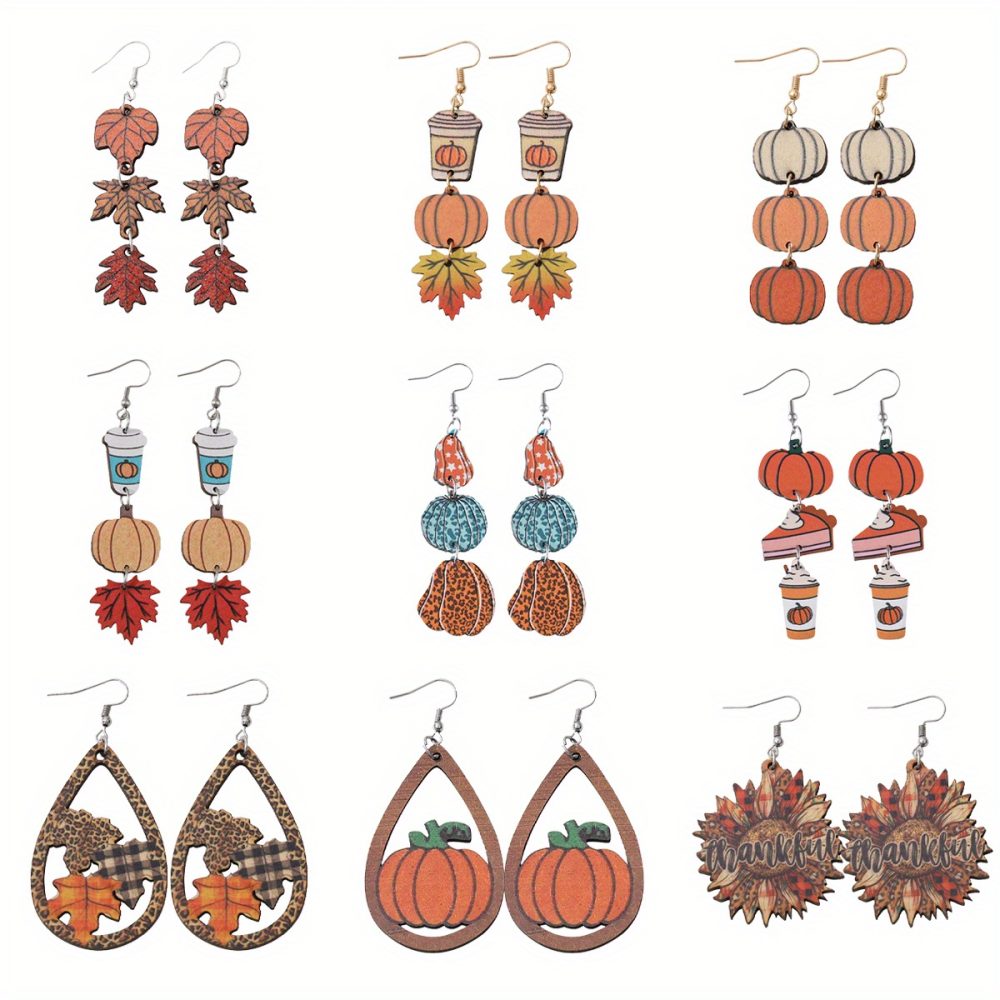 9 Pairs, Vintage Thanksgiving Earrings Set for Women - Pumpkin Coffee Leopard Maple Sunflower Thankful Wooden Double-sided Dangle Earrings - Autumn-Inspired Accessory for Rustic Fall Harvest Celebration, Thanksgiving Party & Daily Wear, Ideal Gift - Image 4