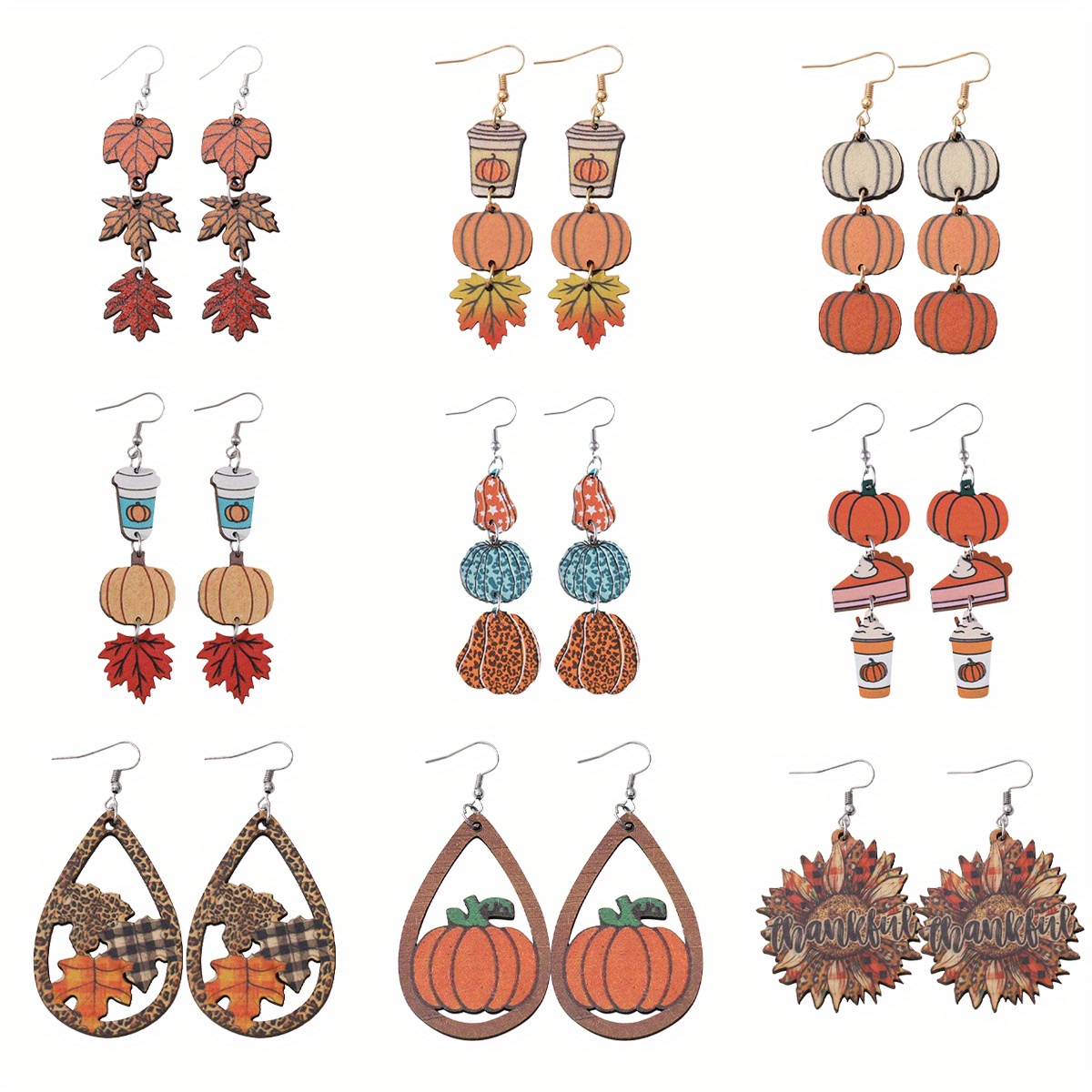 9 Pairs, Vintage Thanksgiving Earrings Set for Women - Pumpkin Coffee Leopard Maple Sunflower Thankful Wooden Double-sided Dangle Earrings - Autumn-Inspired Accessory for Rustic Fall Harvest Celebration, Thanksgiving Party & Daily Wear, Ideal Gift - Image 4