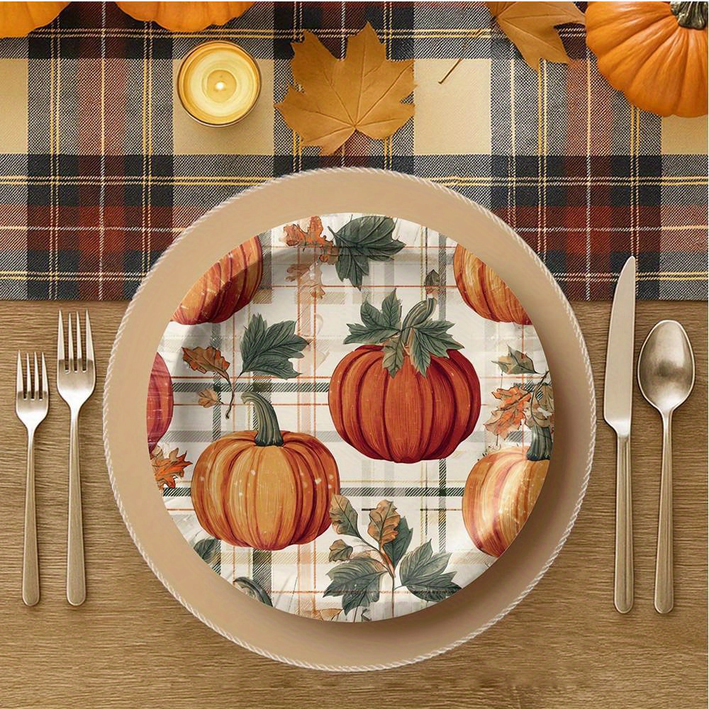 4pcs Thanksgiving Plates - Farmhouse Pumpkin Table Decor with Orange Pumpkins, Durable Polyester Plates for Autumn Dinner Party, Harvest Table Setting - Indoor/Outdoor Use, Fits standard place settings (Hand Wash Only) - Thanksgiving Dinner Party Decorations, Thanksgiving Table Setting, Plaid Pattern Plate, Sturdy Dinnerware - Image 2
