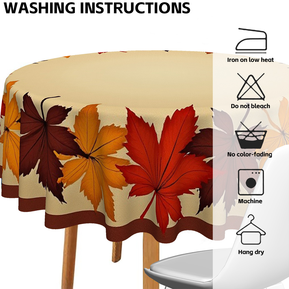 Elegant Autumn Leaf Print Round Tablecloth - Warm Brown, Orange, Red, Beige & Fall Colors, Durable Fabric for Thanksgiving, Christmas, Dining Room, Kitchen, Coffee Table Decor - Wrinkle-Resistant & Easy-Clean Seasonal Table Setting with Charming Leaf Design in Warm Hues, Ideal for Family Gatherings & Festive Home Decor, Machine-Made Round Tablecloth for All Use, Christmas Decor - Image 6