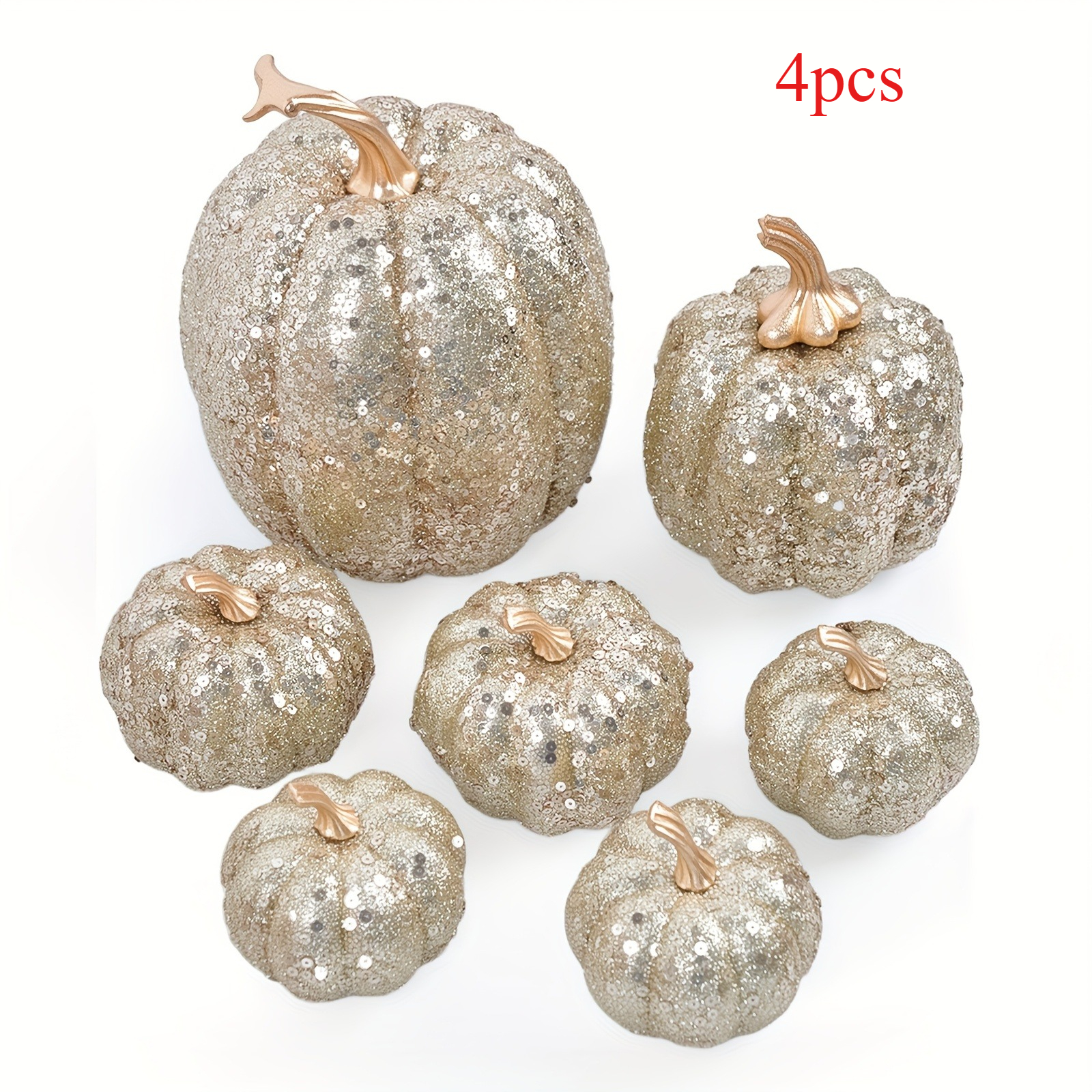 4pcs of Shiny Champagne-Colored Artificial Pumpkins - Multi-Sized Indoor Thanksgiving Decorations, Suitable for Placement on Fireplace Stands And Tabletop Centers, Perfect for Festive Occasions, Essential for Halloween And Christmas Celebrations - Image 8