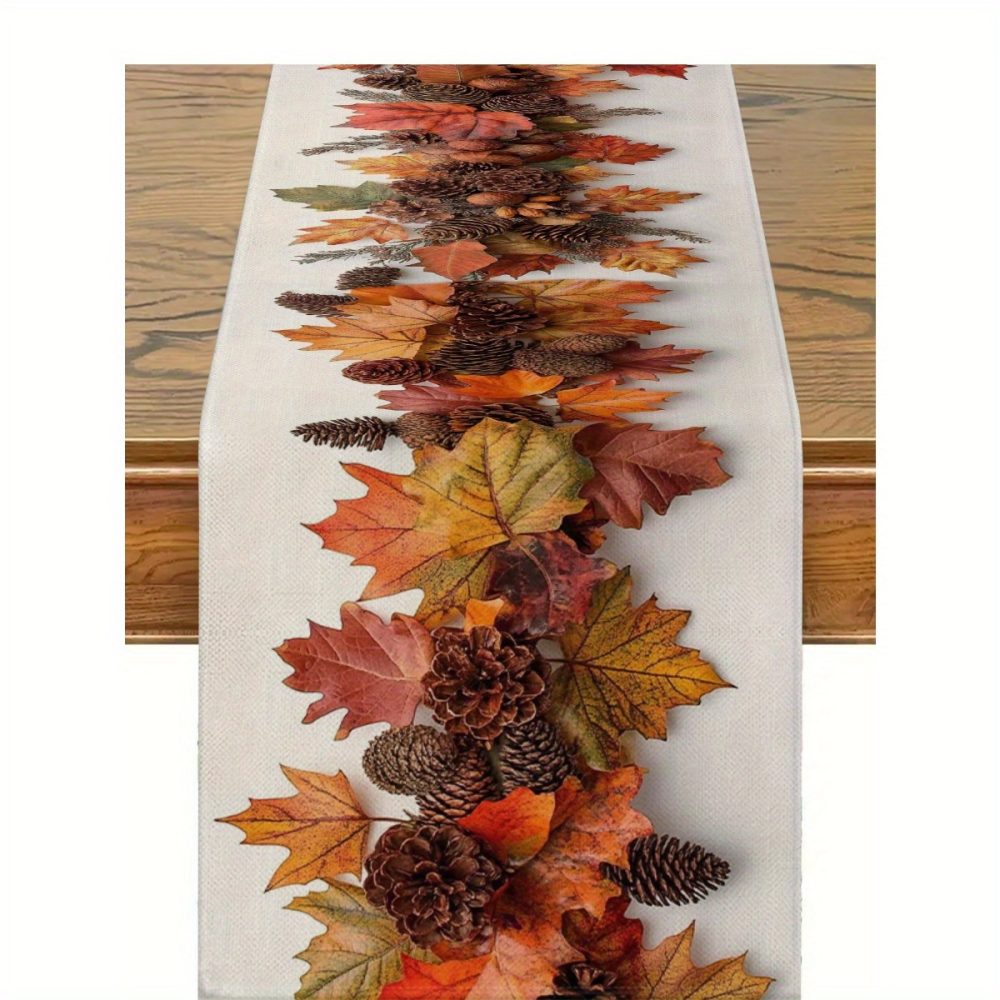[3 Sizes Available] Autumn Table Flag - Red-Brown Maple Leaves And Pine Cone Print - Elegant Decoration for Thanksgiving, Halloween, And Harvest Parties - Durable Polyester for Indoor And Outdoor Use - Easy to Clean Kitchen Table Decor, Coffee Table Arrangement, Faux Leaf Details, Long-Lasting Material, a Must-Have for Holiday Hosts. - Image 5
