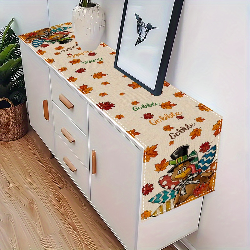 1pc/4pcs/5pcs, Thanksgiving Gobble Turkey and Maple Leaf Pattern Linen Placemats with Table Runner, Rectangular, Perfect for Autumn Thanksgiving Harvest Season to Add Warmth at the Dining table. Suitable for Restaurant dining room decoration, kitchen dinnerware décor, home furnishing accessories, family gatherings party supplies, holiday celebrations ornaments, 4-season seasonal coffee tables centerpieces, Holiday Table Setting, Seasonal Home Decor, Rustic Table Runner,1 - Image 6