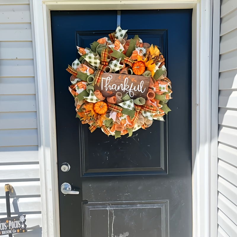 Large Rustic Farmhouse Thanksgiving Wreath with Real-Looking Orange Pumpkins, Green Leaves & "Thankful" Sign - Durable Plastic Harvest Door Hanging Decor for Front Door, Office - No Wiring Needed, Fall Seasonal Decoration (Plaid, Autumn Wreath, Autumn Wreaths For Front Door, Fall Wreath, Autumn Door Wreath, Fall Wreaths For Front Door, Halloween Wreath, Christmas Wreath, Christmas Decorations, Fall Decorations For Home, Halloween Wreaths For Front Door, Pumpkin Wreath, - Image 8