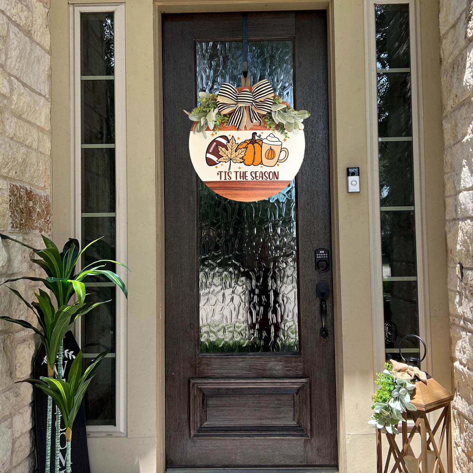 Farmhouse Style Wooden Door Wreath - Rustic Fall & Football Season Decor with "Tis The Season" Lettering, Brown & Golden Leaf Design, Pine Cones & Bow Accent - Easy-Hang Front Door Decoration for Thanksgiving, Halloween, Christmas - Durable Wood Material, Warm Brown Tones, Versatile Indoor/ Use, 2D Flat Design, Irregular Shape, Multi-Purpose Seasonal Decor for Porch or Home Entry, Farmhouse Rustic Decor, Home Decoration - Image 9