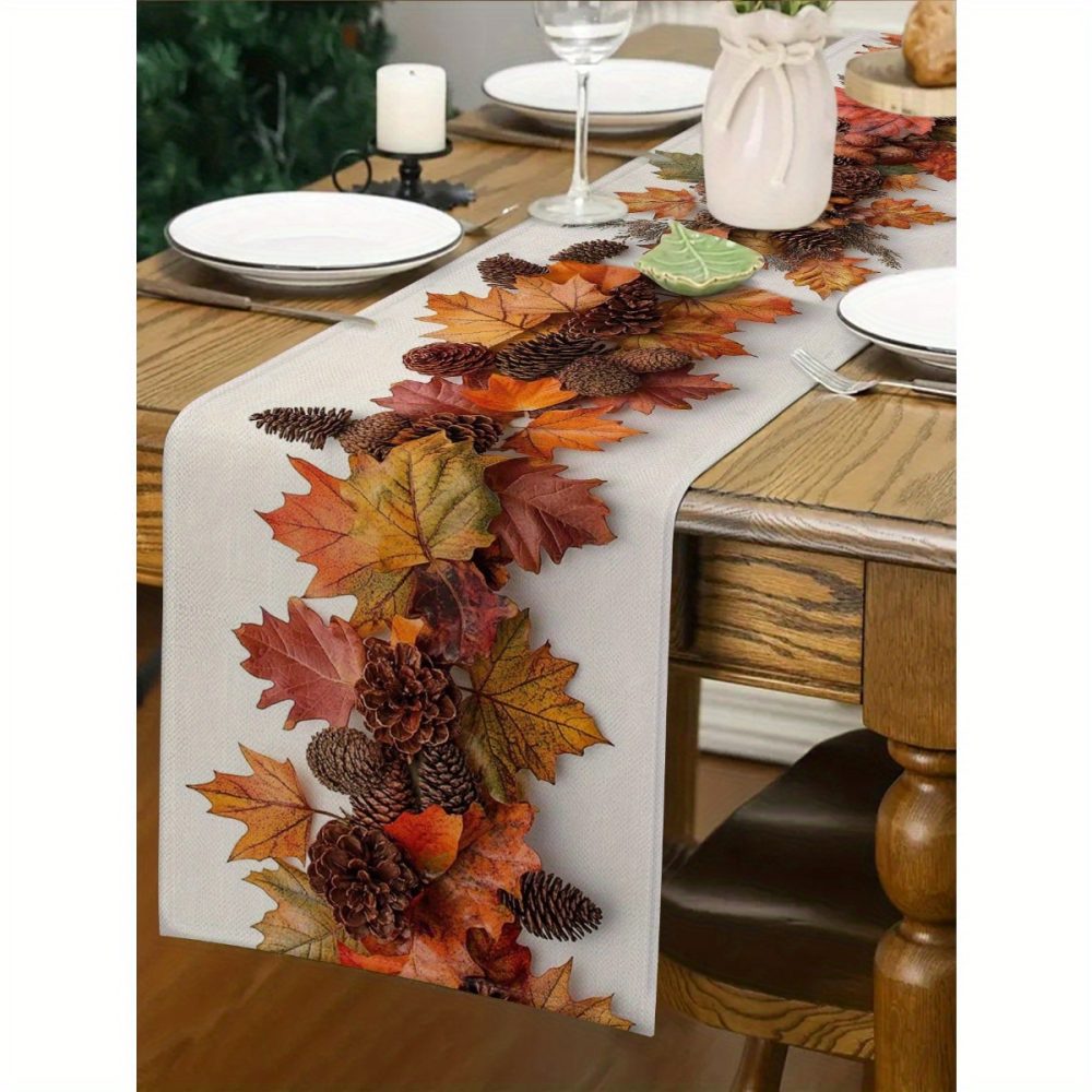 [3 Sizes Available] Autumn Table Flag - Red-Brown Maple Leaves And Pine Cone Print - Elegant Decoration for Thanksgiving, Halloween, And Harvest Parties - Durable Polyester for Indoor And Outdoor Use - Easy to Clean Kitchen Table Decor, Coffee Table Arrangement, Faux Leaf Details, Long-Lasting Material, a Must-Have for Holiday Hosts. - Image 2