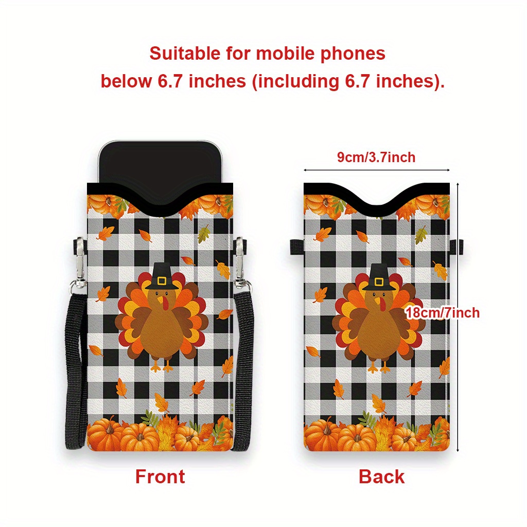 1pc Women's & Unisex Autumn Harvest Crossbody Bag - Turkey & Pumpkin Print Synthetic Leather Purse with Adjustable Strap, Black/White Checkered & Fall Foliage Design, Golden-Toned Leaf Pattern - Thanksgiving Gift, Casual Handbag (Polyester Lining, 2D - Image 3