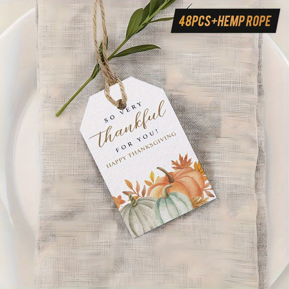 48pcs "Happy Thanksgiving" Gift Tags with Hemp Rope, Displaying Pumpkins and Autumn Leaves, Watercolor Design, Perfect for Thanksgiving Presents, Fall Gatherings, Table Decor, etc., Expressing Gratefulness - Image 5