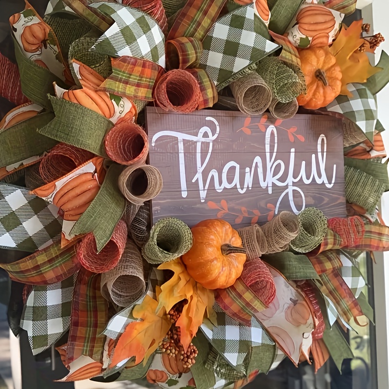 Thanksgiving Wreath with Orange Pumpkins, Green Leaves & "Thank You" Sign - Rustic Farmhouse Door Hanging Decoration, Durable Plastic Harvest Wreath with Checkered Bow & Pine Cones - No Wiring/Electricity-Free, Easy to Clean, Seasonal Fall Home/Office Decor, Autumn Gift Idea - Year-Round Use for Christmas, New Year's, Weddings - Lightweight & Sturdy Design, Autumn Wreath For Front Door, Autumn Door Wreath, Autumn Door Hang, Autumn Decor, Wreath For Front Door, Christmas Wreath For - Image 7