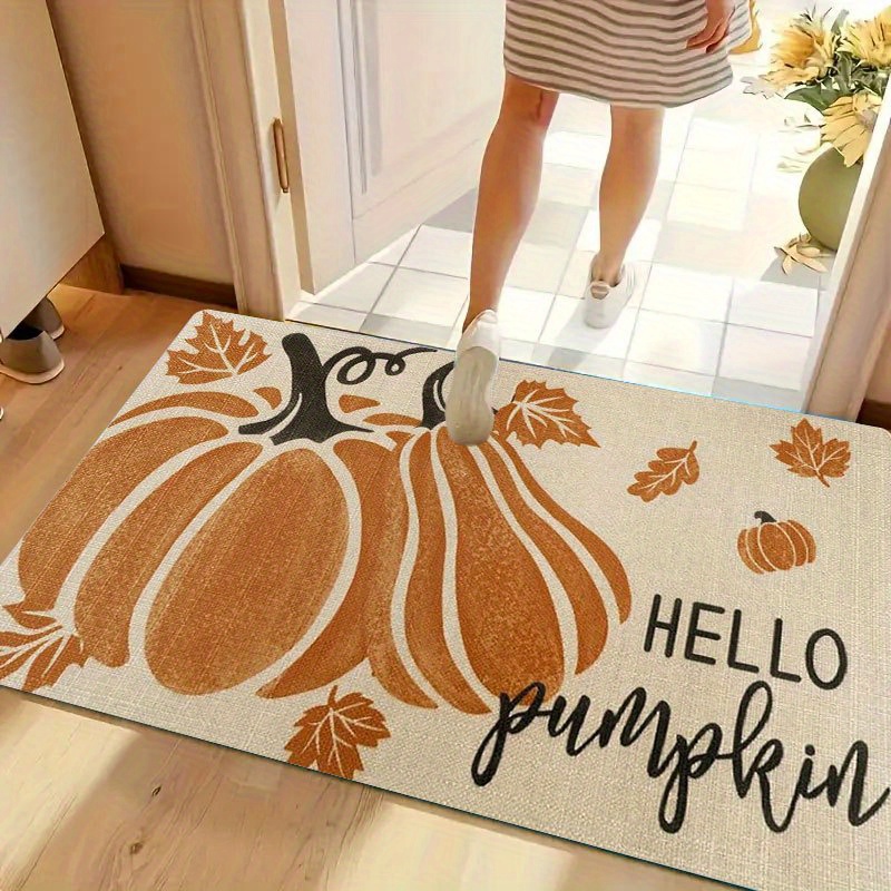 1pc Non-Slip Welcome Mat - Autumn Pumpkin & Leaves Print in Orange/Beige/White - Heavy-Duty PVC Backing for Kitchen, Living Room, Entryway - Easy Clean Floor Mat for Halloween, Thanksgiving, Christmas Decor - Indoor/Outdoor Use - Durable Polyester Surface - Ideal for Home, Cafe, Office, Seasonal Decoration, Festive Design, Comfortable Texture, Holiday Shoppers - Image 5