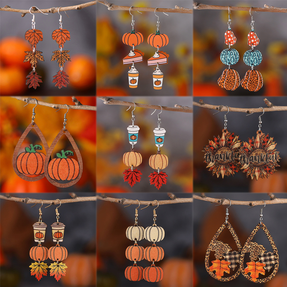 9 Pairs, Vintage Thanksgiving Earrings Set for Women - Pumpkin Coffee Leopard Maple Sunflower Thankful Wooden Double-sided Dangle Earrings - Autumn-Inspired Accessory for Rustic Fall Harvest Celebration, Thanksgiving Party & Daily Wear, Ideal Gift
