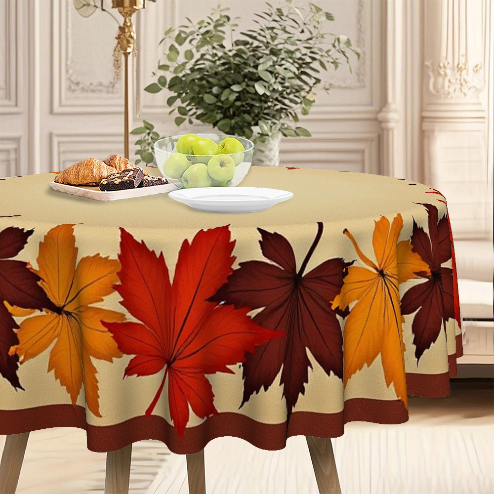 Elegant Autumn Leaf Print Round Tablecloth - Warm Brown, Orange, Red, Beige & Fall Colors, Durable Fabric for Thanksgiving, Christmas, Dining Room, Kitchen, Coffee Table Decor - Wrinkle-Resistant & Easy-Clean Seasonal Table Setting with Charming Leaf Design in Warm Hues, Ideal for Family Gatherings & Festive Home Decor, Machine-Made Round Tablecloth for All Use, Christmas Decor - Image 5