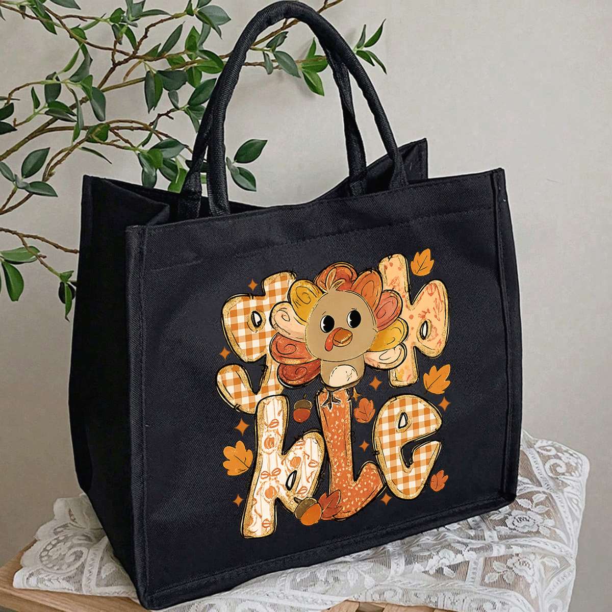 Women's Thanksgiving Turkey Tote Bag - Cute Turkey & Pumpkin Patch Design with "Thankful" Lettering, Lightweight Foldable Purse for, Work, Fall Events, ic Closure, Gift for Teachers, Students (Black, Golden/Brown Checkered