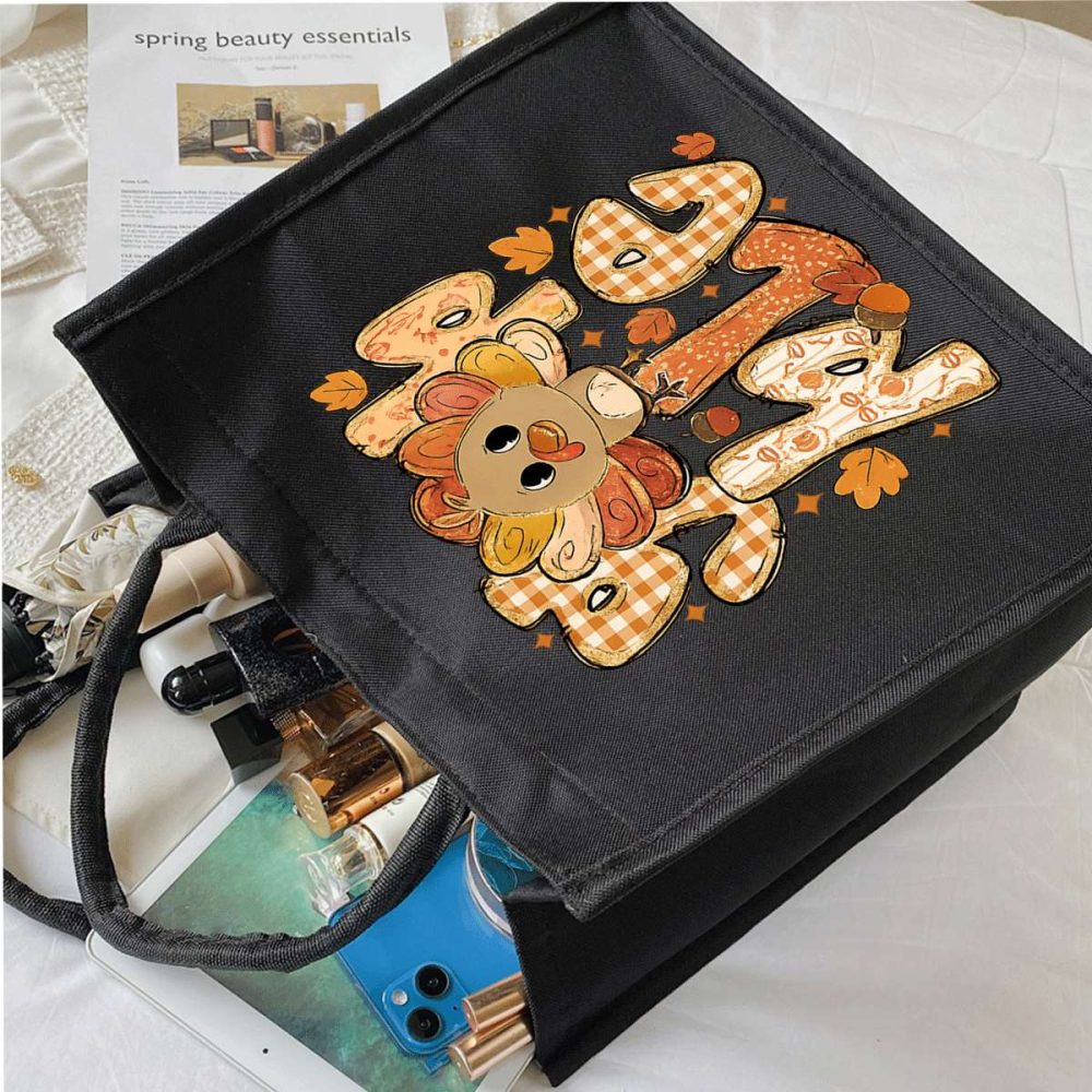 Women's Thanksgiving Turkey Tote Bag - Cute Turkey & Pumpkin Patch Design with "Thankful" Lettering, Lightweight Foldable Purse for, Work, Fall Events, ic Closure, Gift for Teachers, Students (Black, Golden/Brown Checkered - Image 4