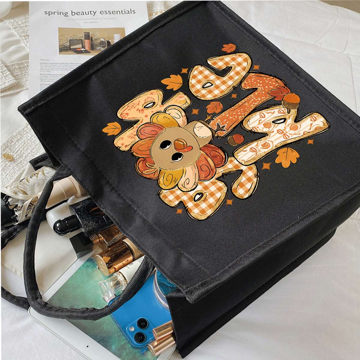 Women's Thanksgiving Turkey Tote Bag - Cute Turkey & Pumpkin Patch Design with "Thankful" Lettering, Lightweight Foldable Purse for, Work, Fall Events, ic Closure, Gift for Teachers, Students (Black, Golden/Brown Checkered - Image 4