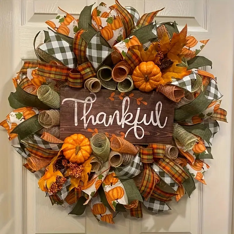 Thanksgiving Wreath with Orange Pumpkins, Green Leaves & "Thank You" Sign - Rustic Farmhouse Door Hanging Decoration, Durable Plastic Harvest Wreath with Checkered Bow & Pine Cones - No Wiring/Electricity-Free, Easy to Clean, Seasonal Fall Home/Office Decor, Autumn Gift Idea - Year-Round Use for Christmas, New Year's, Weddings - Lightweight & Sturdy Design, Autumn Wreath For Front Door, Autumn Door Wreath, Autumn Door Hang, Autumn Decor, Wreath For Front Door, Christmas Wreath For - Image 4