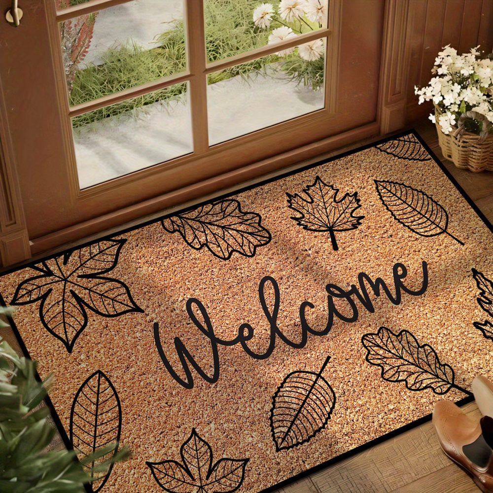 1pc, Autumn Black Maple Leaf Welcome Pattern Doormat for Harvest Festival And Thanksgiving, Featuring a Festive Rustic Style with a Plush Dotted Non-Slip Backing, Machine Washable Polyester Fiber Mat, Suitable for Kitchen, Dining Room, Hallway, Bathroom, Bedroom, Entrance, Home Decor, Perfect for Gifting, Usable in All Seasons.