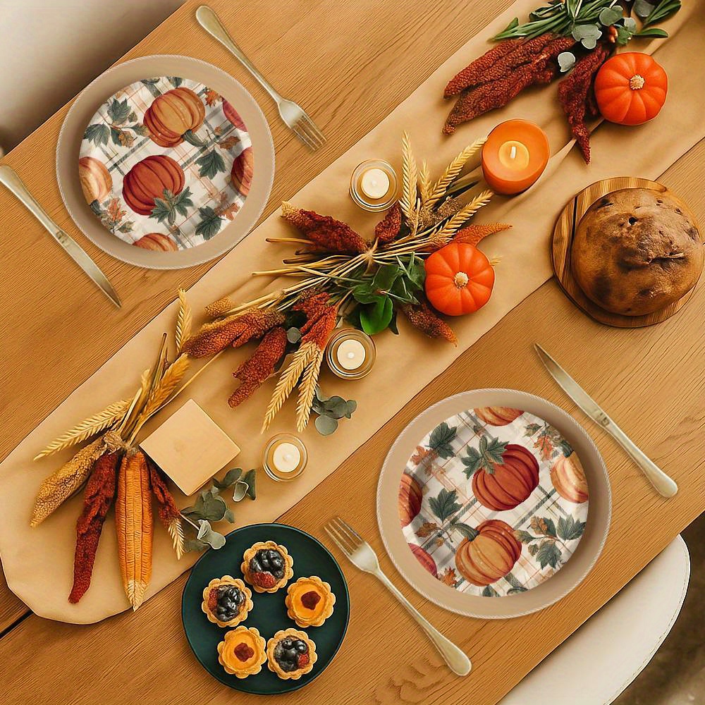 4pcs Thanksgiving Plates - Farmhouse Pumpkin Table Decor with Orange Pumpkins, Durable Polyester Plates for Autumn Dinner Party, Harvest Table Setting - Indoor/Outdoor Use, Fits standard place settings (Hand Wash Only) - Thanksgiving Dinner Party Decorations, Thanksgiving Table Setting, Plaid Pattern Plate, Sturdy Dinnerware - Image 6