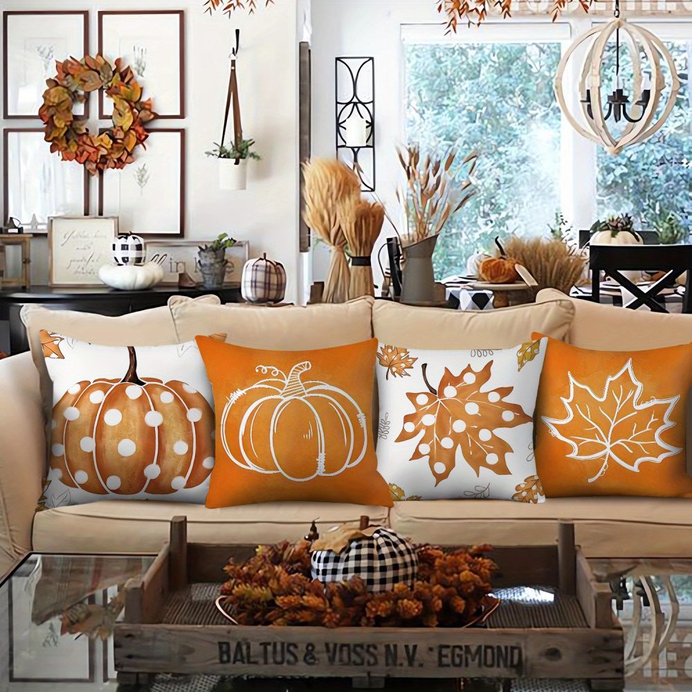 4pcs Polka Dot Orange & White Pumpkin Throw Pillow Covers Maple Leaves Fall Farmhouse Thanksgiving Day Decorative Cushion Case for Bedroom Sofa Couch - Image 3
