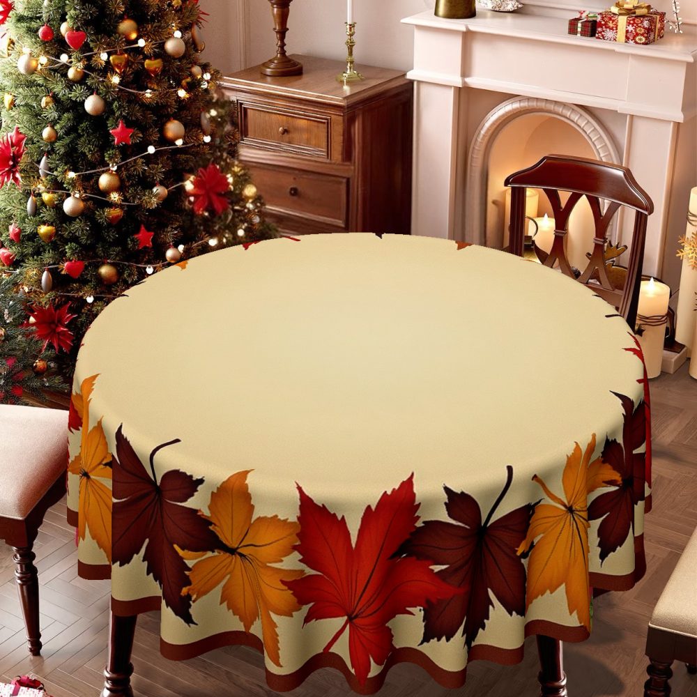 Elegant Autumn Leaf Print Round Tablecloth - Warm Brown, Orange, Red, Beige & Fall Colors, Durable Fabric for Thanksgiving, Christmas, Dining Room, Kitchen, Coffee Table Decor - Wrinkle-Resistant & Easy-Clean Seasonal Table Setting with Charming Leaf Design in Warm Hues, Ideal for Family Gatherings & Festive Home Decor, Machine-Made Round Tablecloth for All Use, Christmas Decor - Image 2