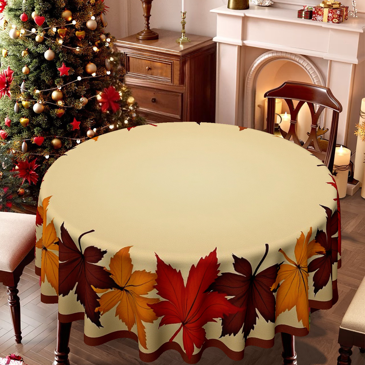 Elegant Autumn Leaf Print Round Tablecloth - Warm Brown, Orange, Red, Beige & Fall Colors, Durable Fabric for Thanksgiving, Christmas, Dining Room, Kitchen, Coffee Table Decor - Wrinkle-Resistant & Easy-Clean Seasonal Table Setting with Charming Leaf Design in Warm Hues, Ideal for Family Gatherings & Festive Home Decor, Machine-Made Round Tablecloth for All Use, Christmas Decor - Image 2