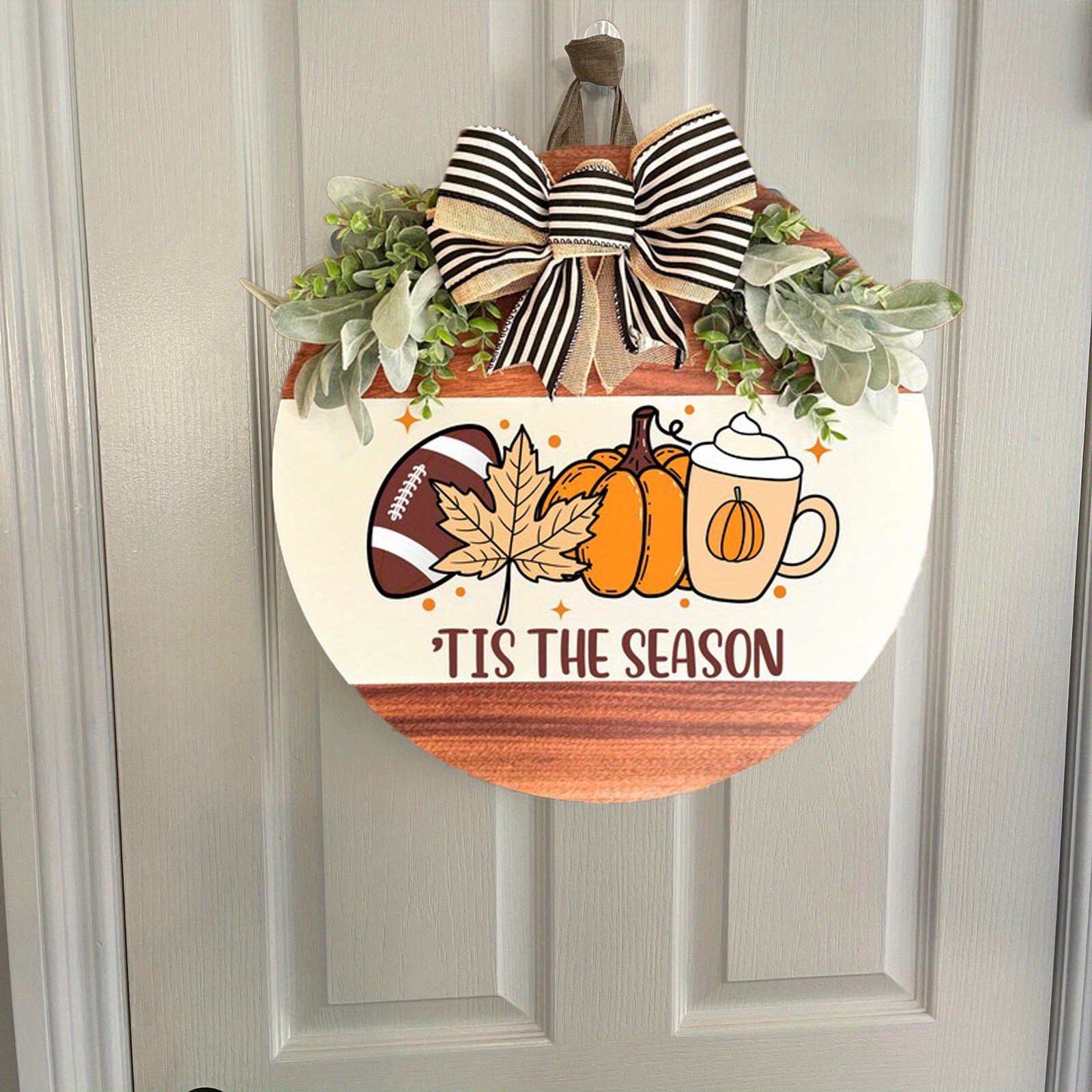 Farmhouse Style Wooden Door Wreath - Rustic Fall & Football Season Decor with "Tis The Season" Lettering, Brown & Golden Leaf Design, Pine Cones & Bow Accent - Easy-Hang Front Door Decoration for Thanksgiving, Halloween, Christmas - Durable Wood Material, Warm Brown Tones, Versatile Indoor/ Use, 2D Flat Design, Irregular Shape, Multi-Purpose Seasonal Decor for Porch or Home Entry, Farmhouse Rustic Decor, Home Decoration - Image 3