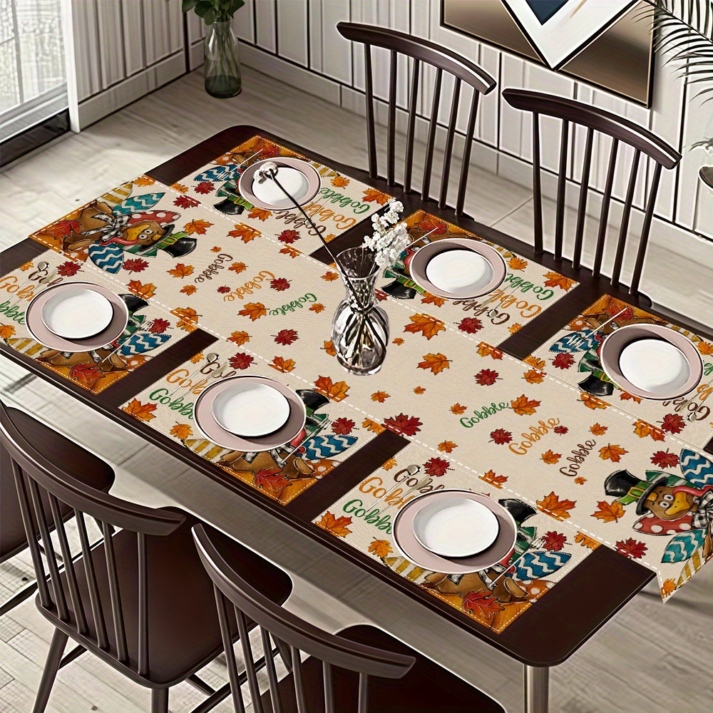 1pc/4pcs/5pcs, Thanksgiving Gobble Turkey and Maple Leaf Pattern Linen Placemats with Table Runner, Rectangular, Perfect for Autumn Thanksgiving Harvest Season to Add Warmth at the Dining table. Suitable for Restaurant dining room decoration, kitchen dinnerware décor, home furnishing accessories, family gatherings party supplies, holiday celebrations ornaments, 4-season seasonal coffee tables centerpieces, Holiday Table Setting, Seasonal Home Decor, Rustic Table Runner,1 - Image 2