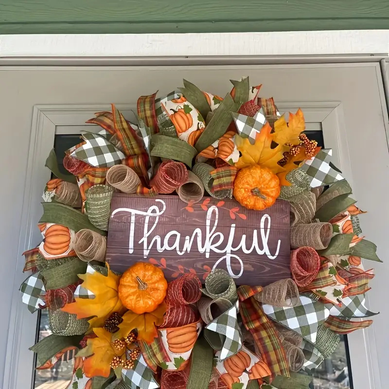 Thanksgiving Wreath with Orange Pumpkins, Green Leaves & "Thank You" Sign - Rustic Farmhouse Door Hanging Decoration, Durable Plastic Harvest Wreath with Checkered Bow & Pine Cones - No Wiring/Electricity-Free, Easy to Clean, Seasonal Fall Home/Office Decor, Autumn Gift Idea - Year-Round Use for Christmas, New Year's, Weddings - Lightweight & Sturdy Design, Autumn Wreath For Front Door, Autumn Door Wreath, Autumn Door Hang, Autumn Decor, Wreath For Front Door, Christmas Wreath For - Image 2