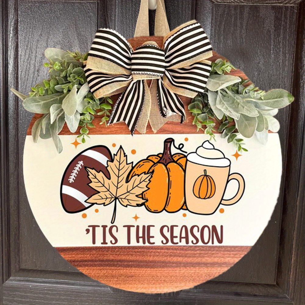 Farmhouse Style Wooden Door Wreath - Rustic Fall & Football Season Decor with "Tis The Season" Lettering, Brown & Golden Leaf Design, Pine Cones & Bow Accent - Easy-Hang Front Door Decoration for Thanksgiving, Halloween, Christmas - Durable Wood Material, Warm Brown Tones, Versatile Indoor/ Use, 2D Flat Design, Irregular Shape, Multi-Purpose Seasonal Decor for Porch or Home Entry, Farmhouse Rustic Decor, Home Decoration - Image 4