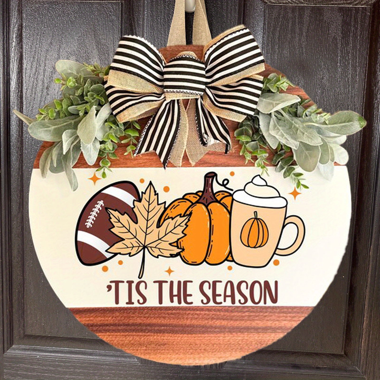 Farmhouse Style Wooden Door Wreath - Rustic Fall & Football Season Decor with "Tis The Season" Lettering, Brown & Golden Leaf Design, Pine Cones & Bow Accent - Easy-Hang Front Door Decoration for Thanksgiving, Halloween, Christmas - Durable Wood Material, Warm Brown Tones, Versatile Indoor/ Use, 2D Flat Design, Irregular Shape, Multi-Purpose Seasonal Decor for Porch or Home Entry, Farmhouse Rustic Decor, Home Decoration - Image 4