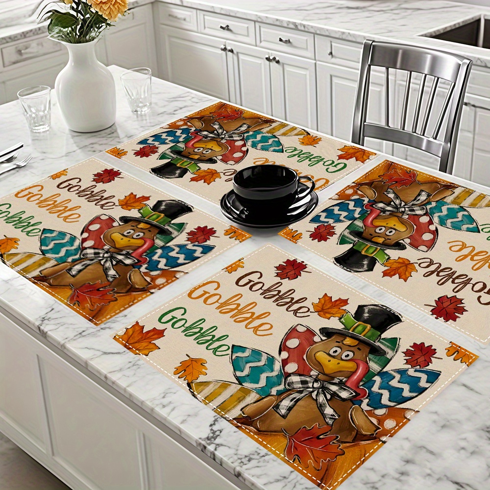 1pc/4pcs/5pcs, Thanksgiving Gobble Turkey and Maple Leaf Pattern Linen Placemats with Table Runner, Rectangular, Perfect for Autumn Thanksgiving Harvest Season to Add Warmth at the Dining table. Suitable for Restaurant dining room decoration, kitchen dinnerware décor, home furnishing accessories, family gatherings party supplies, holiday celebrations ornaments, 4-season seasonal coffee tables centerpieces, Holiday Table Setting, Seasonal Home Decor, Rustic Table Runner,1 - Image 7