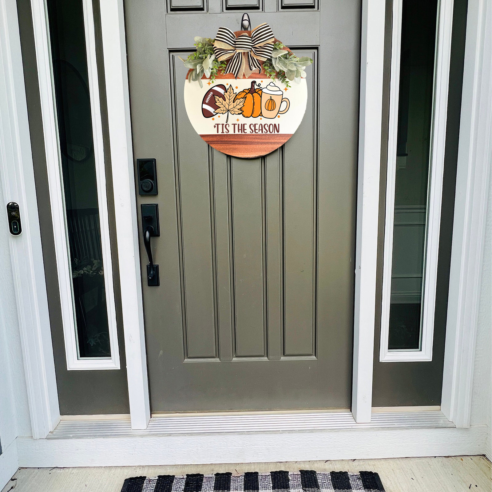 Farmhouse Style Wooden Door Wreath - Rustic Fall & Football Season Decor with "Tis The Season" Lettering, Brown & Golden Leaf Design, Pine Cones & Bow Accent - Easy-Hang Front Door Decoration for Thanksgiving, Halloween, Christmas - Durable Wood Material, Warm Brown Tones, Versatile Indoor/ Use, 2D Flat Design, Irregular Shape, Multi-Purpose Seasonal Decor for Porch or Home Entry, Farmhouse Rustic Decor, Home Decoration - Image 6