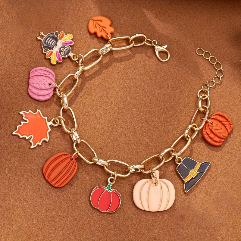 1pc Autumn Harvest Bracelet with Pumpkin, Turkey, Maple Leaf Charms - Golden-Tone Chain Jewelry in Orange, Red, Brown, Beige, Black - Thanksgiving Party, Everyday Fall Jewelry Gift for Women - Year-Round Elegant Accessory, Seasonal Fashion, Bohemian Style, Detailed Pendants, Holiday Pendant, Party Wear - Image 5