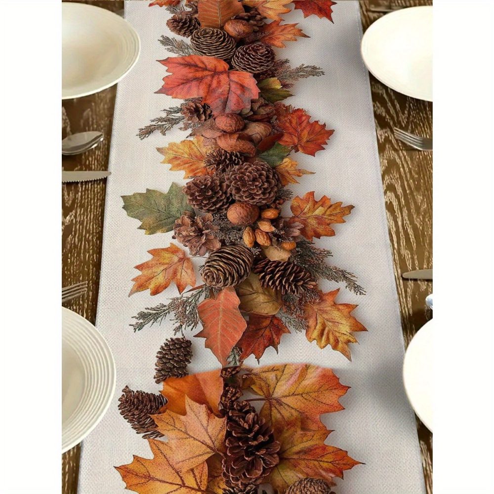 [3 Sizes Available] Autumn Table Flag - Red-Brown Maple Leaves And Pine Cone Print - Elegant Decoration for Thanksgiving, Halloween, And Harvest Parties - Durable Polyester for Indoor And Outdoor Use - Easy to Clean Kitchen Table Decor, Coffee Table Arrangement, Faux Leaf Details, Long-Lasting Material, a Must-Have for Holiday Hosts.