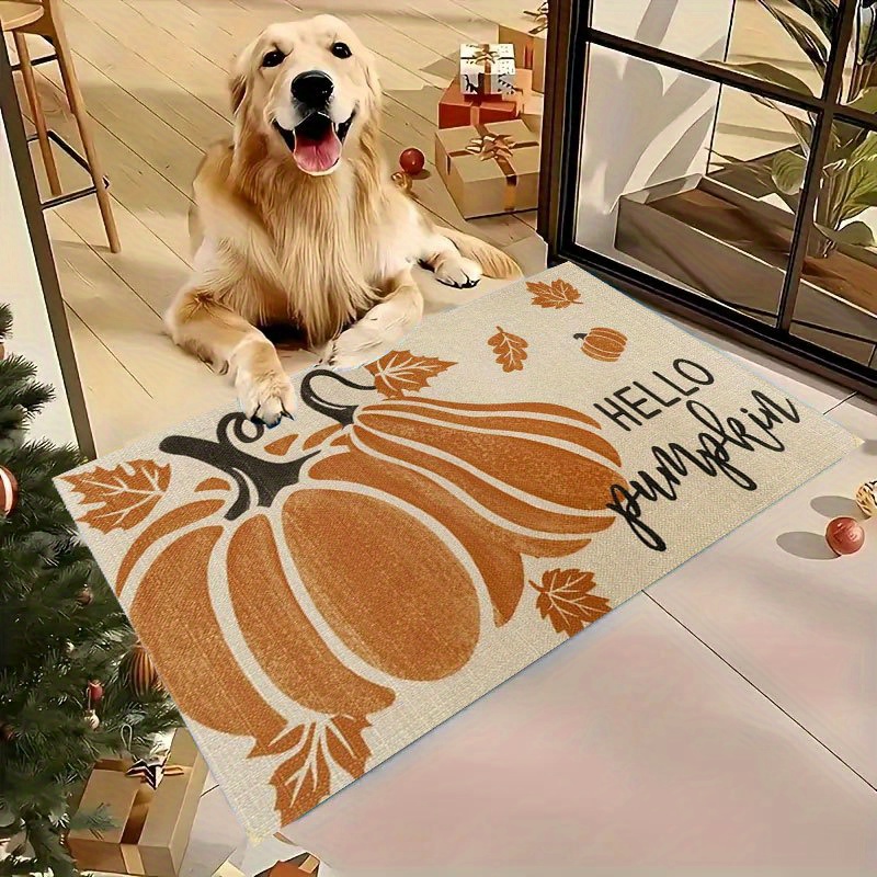 1pc Non-Slip Welcome Mat - Autumn Pumpkin & Leaves Print in Orange/Beige/White - Heavy-Duty PVC Backing for Kitchen, Living Room, Entryway - Easy Clean Floor Mat for Halloween, Thanksgiving, Christmas Decor - Indoor/Outdoor Use - Durable Polyester Surface - Ideal for Home, Cafe, Office, Seasonal Decoration, Festive Design, Comfortable Texture, Holiday Shoppers