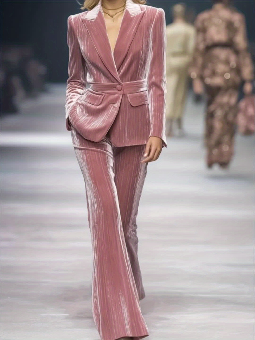 Women'S Blazer Collar Velvet Set - Pink Shiny Texture Luxury Elegant Outfit, Structured Lapel Collar & Button Front Closure, Warm Winter Coat & Matching Pants for Parties, Social Events & Casual Attire, Versatile Fall/Winter Fashion Ensemble - Image 4