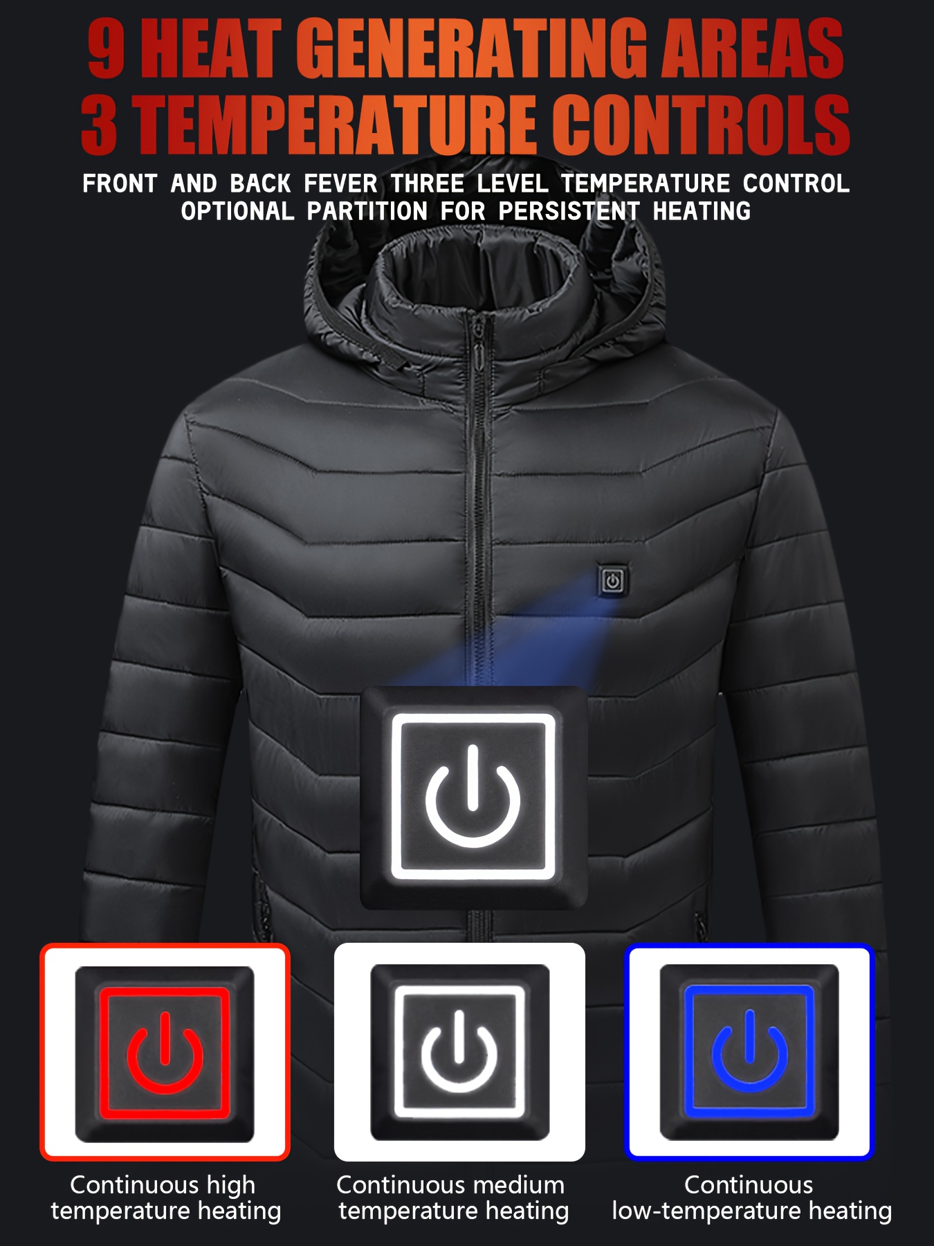 9-Zone Jacket, Warm Coat, 3-Temperature Settings, Portable, Power Bank Compatibility (Not Included), Machine Washable, for Outdoor Winter Cycling and Fishing - Image 2