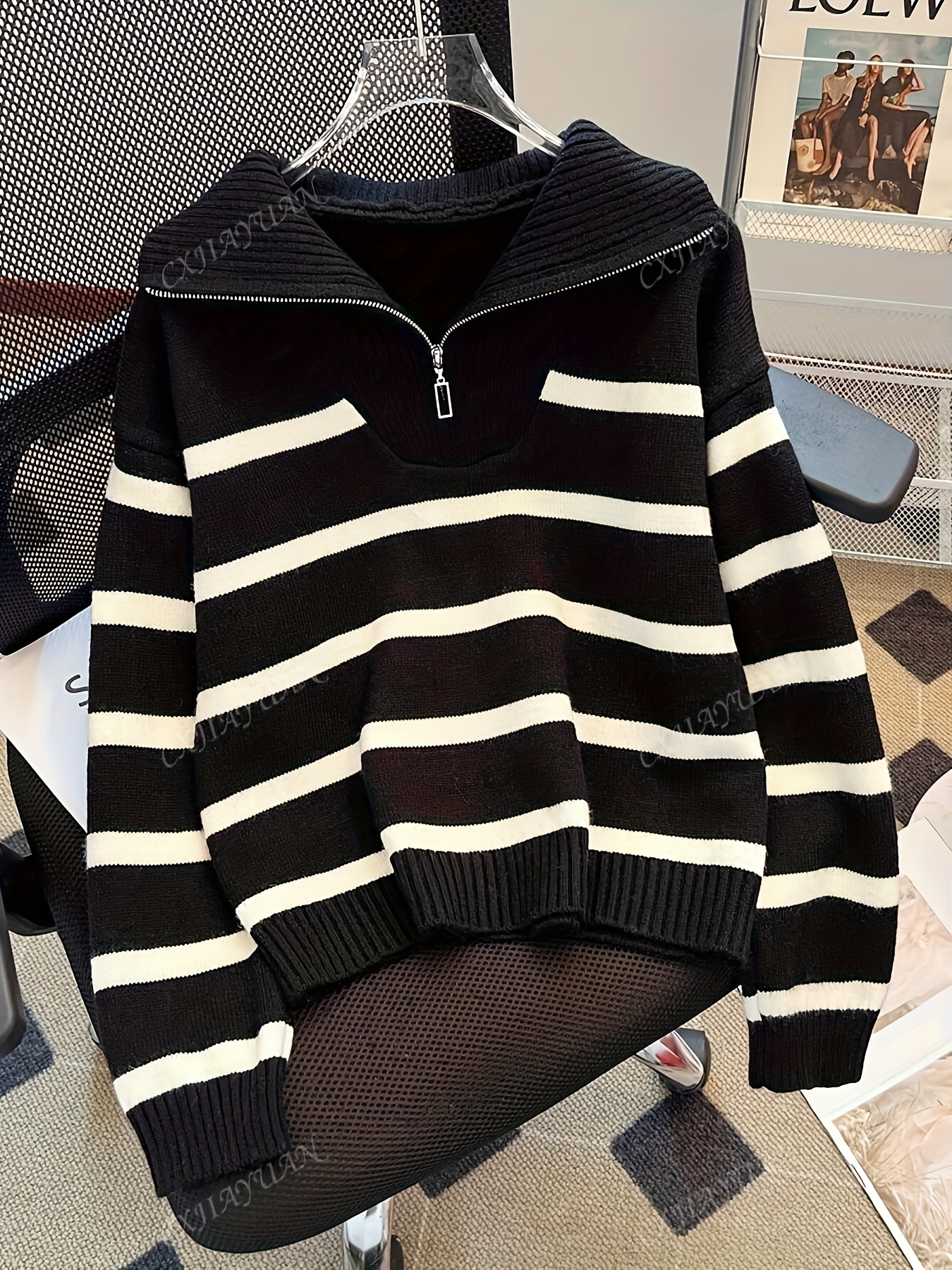 Ladies' Casual Striped Zipper Sweater - Black And White Horizontal Stripes, Soft Fabric with Zipper Front Lapel Design, All Season Versatile Pullover, Women's Clothing - Image 3
